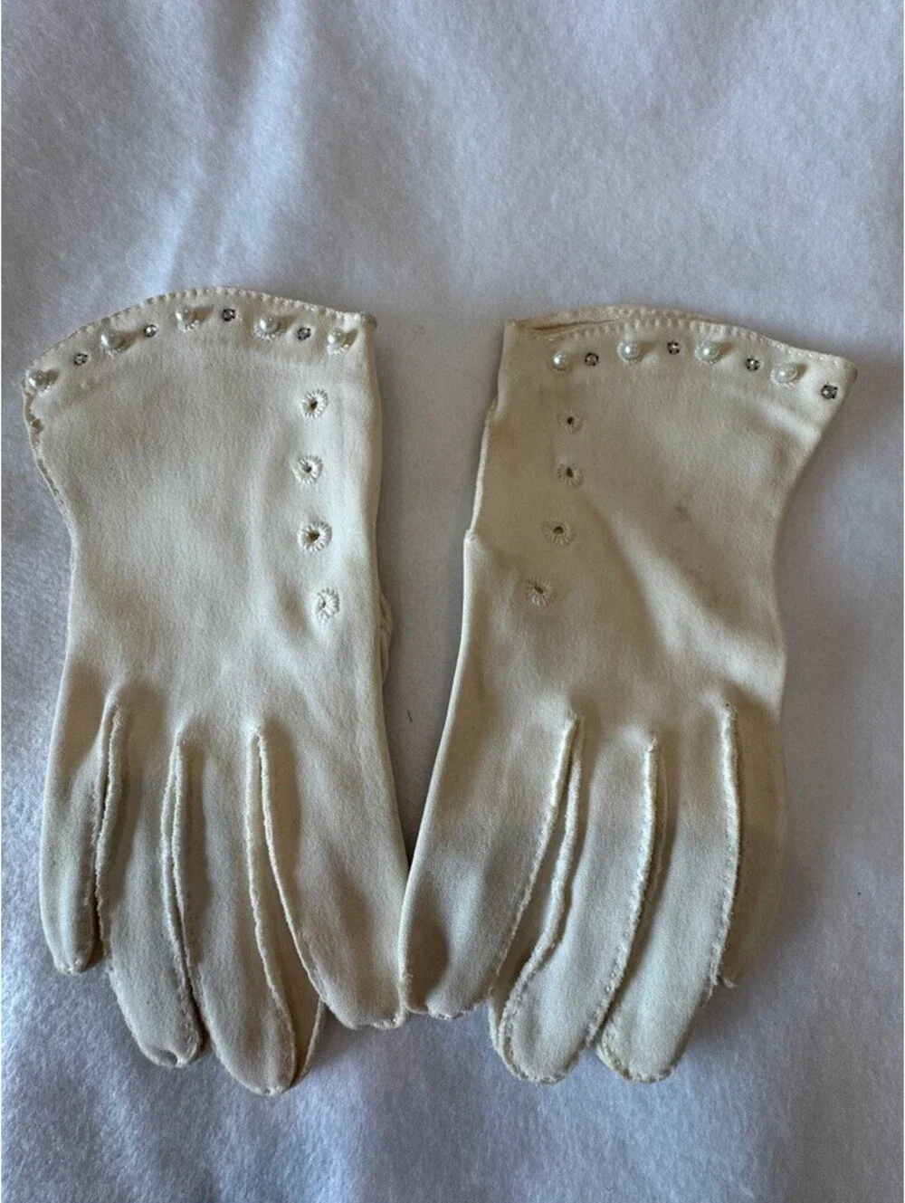 Vintage Ivory Nylon Gloves with Rhinestone and Lace Trim Group of 3